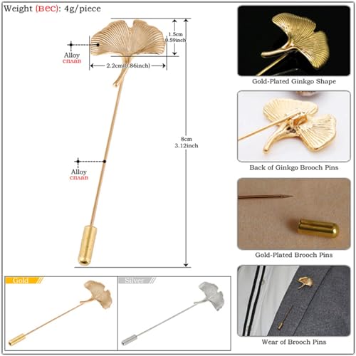 Dreuyet Simple Gold Silver Plated Long Brooch Pins with Cute Animal Antlers Leaves Plant Bees Rabbits Rose Flower Feather Brooch Jewelry for Women Men Elegant Suit Collar Lapel Pin - style: Ginkgo Leaves