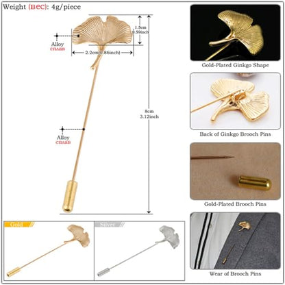 Dreuyet Simple Gold Silver Plated Long Brooch Pins with Cute Animal Antlers Leaves Plant Bees Rabbits Rose Flower Feather Brooch Jewelry for Women Men Elegant Suit Collar Lapel Pin - style: Ginkgo Leaves