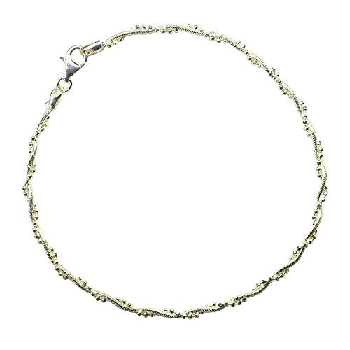 Sterling Silver 10-inch Shiny Twisted Snake & Bead Anklet - Ankle Bracelet for Women