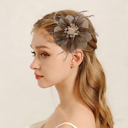 4" Crystal Feather Flower Brooch Pin for Women Girls Dainty Bright Satin Rhinestone Floral Brooches Lapel Hair Pins Elegant Wedding Cocktail Prom Party Hat Bag Suit Clothing Dress Accessories Jewelry Gift - color: Brown