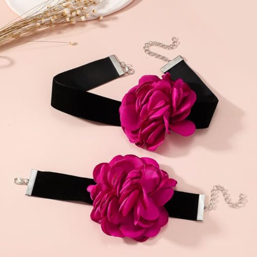 Rose Black Velvet Floral Choker Necklace - Camellia Daisy Rosette - Spring Summer Flower Jewelry - color: Hot Pink