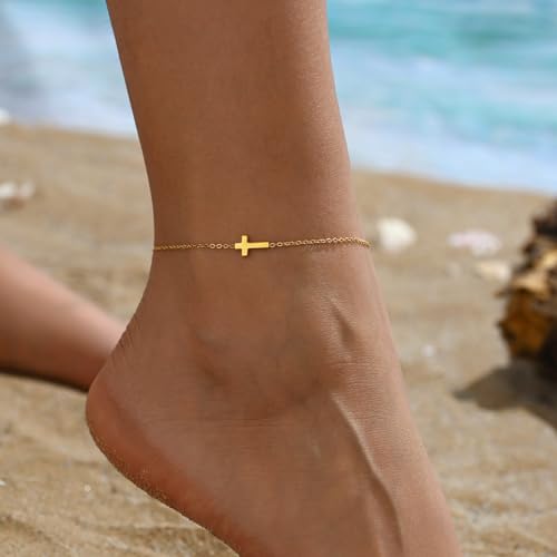 Ankle Bracelets for Women, 18K Gold Plated Dainty Waterproof Cross Anklets, Pearl Beaded Link Chain Anklet for Women Non Tarnish, Summer Beach Foot Jewelry, Christmas Gifts - color: Tiny Cross-Gold