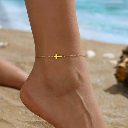 Ankle Bracelets for Women, 18K Gold Plated Dainty Waterproof Cross Anklets, Pearl Beaded Link Chain Anklet for Women Non Tarnish, Summer Beach Foot Jewelry, Christmas Gifts - color: Tiny Cross-Gold