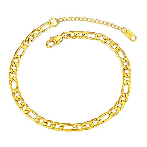 ChainsPro Resizable Anklet Chain for Women Men, Figaro/Wheat/Twist Rope/Cuban Foot Bracelet-Strong with Good Clasp-18K Gold Plated(Send Gift Box) - color: 07:figaro-6mm-gold plated