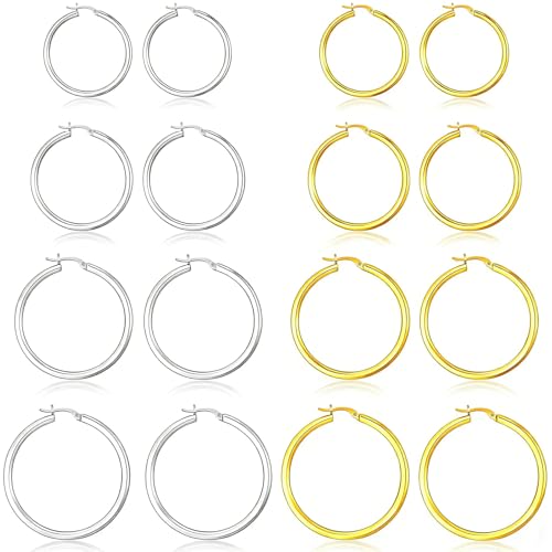 4 Pairs Silver Gold Hoop Earrings for Women,30/40/50/60 mm Stainless Steel 14K Silver Gold Plated Loop Earrings for Women Hypoallergenic Fashionable Lightweight Big Women Earrings Loop Earrings Set - color: Silver+Gold-30/40/50/60mm