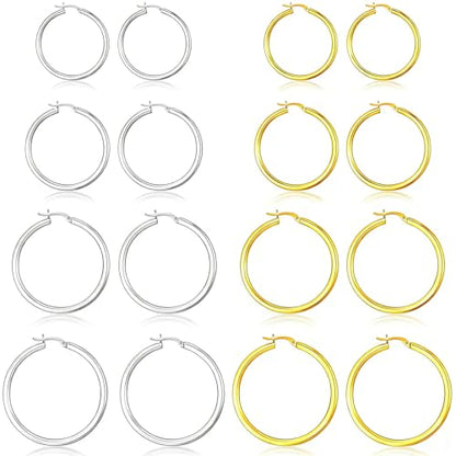4 Pairs Silver Gold Hoop Earrings for Women,30/40/50/60 mm Stainless Steel 14K Silver Gold Plated Loop Earrings for Women Hypoallergenic Fashionable Lightweight Big Women Earrings Loop Earrings Set - color: Silver+Gold-30/40/50/60mm