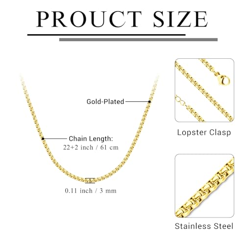 Eusense Stainless Steel Chain Necklace for Men Women Rolo/Wheat/Snake/Box Chain, 2-3MM, 20-24 Inches with Delicate Gift Box - color: 14K Gold-Plated, size: 22+2 Inches Length, style: Rolo Chain-3MM Width