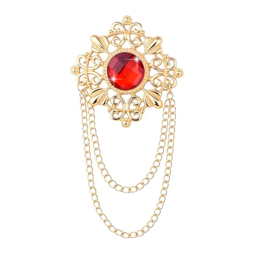 Vintage Crystal Brooch Pins Hanging Chain Lapel Pin for Men Suits Dress Shirt Collar Chain Lapel Pin Brooches for Men Suits - color: Red-gold