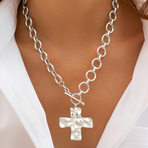 CHESKY 14K Gold Plated Chunky Necklace for Women, Trendy Toggle Clasp | Statement Pendant Necklace, Layered Paperclip Chain, Toggle Clasp Design, Thick Gold Chain, Non Tarnish Everyday Jewelry - color: silver, style: cross