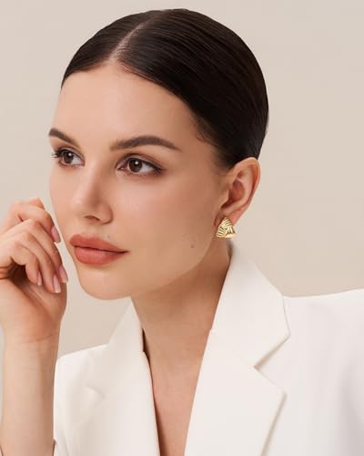 SNGIA 18K Gold Plated Chunky Statement Stud Earrings for Women by SNGIA, Geometric Square Triangle Irregular Knot Dome Earrings, Ribbed Ribbon Textured Gold Silver Fashion Jewelry Gift - style: 18K Gold Plated, Triangle
