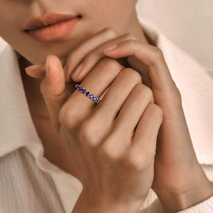 Birthstone Wedding Band Eternity Rings 925 Sterling Silver Rings Stackable Anniversary Engagement Rings Cubic Zirconia Inlaid Created Garnet/Amethyst/Sapphire Ring 7 Stone Ring, Size 6 to 10 - color: Blue Sapphire