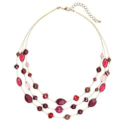 Coiris 3 Layers Illusion Wire Beaded Statement 19.5" Necklace for Women - color: ST0001-wine