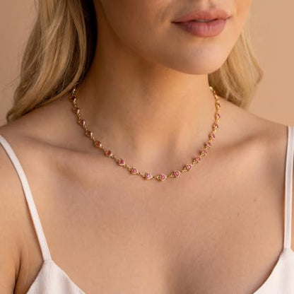 Colorful Necklace for Women,14K Gold Plated Chain With Crystal Necklace Womens Statement Cute Trendy Surfer Beach Choker Necklaces Gifts - color: Pink Heart