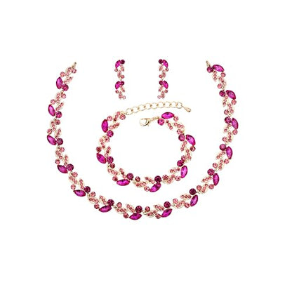 QLLYHLH Woman’s Brides Bridesmaid Leaf Choker Necklace Dangle Earrings Link Bracelet Austrian Crystal Wedding Jewelry Set Prom Costume Party Events | Brides, Bridesmaid, Prom, Events, Costume Party, Leaf - color: Fuchsia-Gold Plated