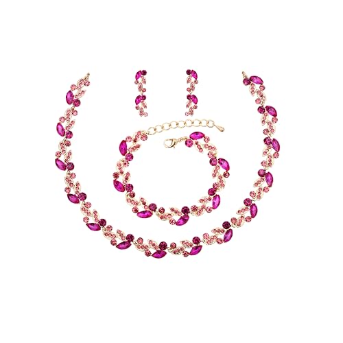 QLLYHLH Woman’s Brides Bridesmaid Leaf Choker Necklace Dangle Earrings Link Bracelet Austrian Crystal Wedding Jewelry Set Prom Costume Party Events | Brides, Bridesmaid, Prom, Events, Costume Party, Leaf - color: Fuchsia-Gold Plated