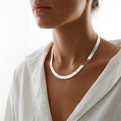 WomenGifts 14K Gold Silver Plated Herringbone Necklace for Women, Dainty Snake Chain Choker, Trendy Simple Long Layered Jewelry Non Tarnish, 3/4/5/8mm,14,16,18,20,22,24,26 Inch Thin & Chunky Options - color: Silver, style: 8mm-16inch