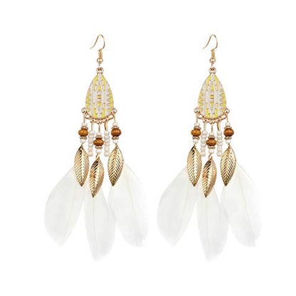 Dreuyet Boho Long Feather Drop Dangle Earrings for Women Retro Bohemian Ethnic Fringe Multicolor Tassel Feather Earring Handmade Statement Dream Catcher Earrings Jewelry - color: White Teardrop