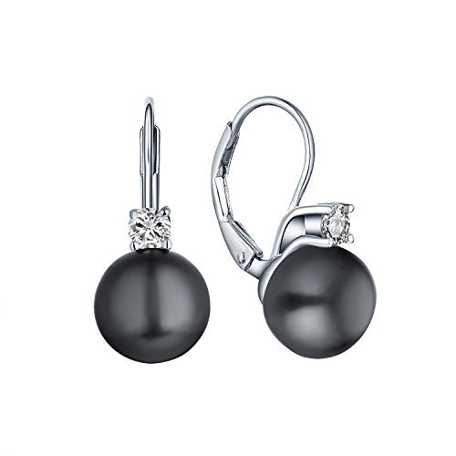 JO WISDOM 925 Sterling Silver Cubic Zirconia Freshwater Cultured Pearl Drop & Dangle Leverback Earrings - color: 8mm-black