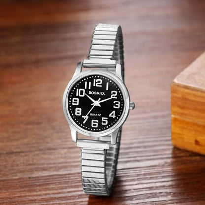 Avaner Stretch Band Wrist Watches: Elastic Strap Bangle Big Number Easy Reader Analog Quartz Wristwatch for Men Women - color: Silver Band Black Dial (for women)