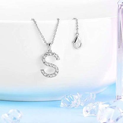 Tarsus Initial Cubic Zirconia Necklace for Women Teens | Jewelry Gifts for Women Adjustable Chain 18" + 2" - style: Silver-S-Diamond style