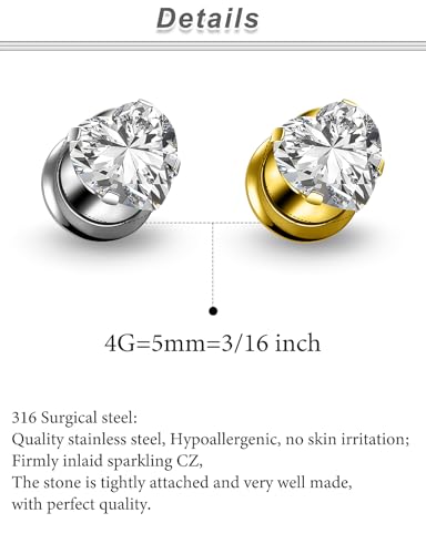 10G-00G Gold Silver Plated Heart Zircon Gauges for Ears 316L Surgical Steel Internally Threaded Screw Fit Single Flared Tunnels Plugs Earrings Hollow Gauges for Women Men - color: 4G= 5mm = 3/16 inch