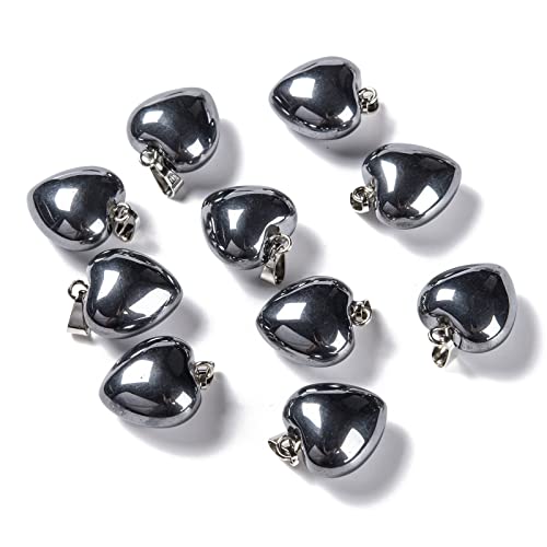 10Pcs Heart Stone Charm Pendants Natural Terahertz Stone Gemstone Pendants with Platinum Brass Loops for DIY Necklace Keychains Earring Crafts Supplies - color: Terahertz Stone