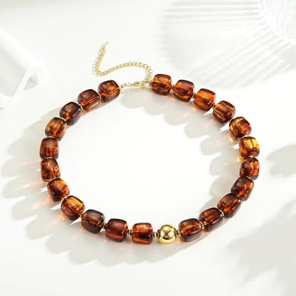 Ritach Chunky Beaded Necklaces for Women - Colorful Large Square Acrylic Beaded Necklace Boho Chunky Necklace Adjustable Statement Choker Necklace for Women Waterproof Summer Beach Jewelry Gifts - color: Amber