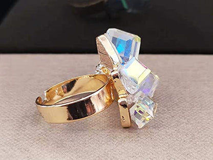 Hebelee Boho Square Crystal Statement Ring for Women Adjustable | Gold-Toned Expandable Promise Engagement Geometric Rings Comfort Fit Elegant Art Deco Christmas Cocktail Y2K Jewelry - color: AB Crystal