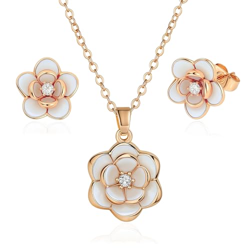 EVEVIC Dainty Flower Pendant Necklace Earrings for Women 14K Gold Plated Hypoallergenic Jewelry Sets - color: White /Rose Gold-tone