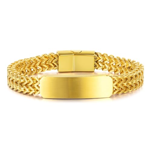 Xusamss Mens Cuban Link Bracelet Stainless Steel Double Layer Chain Jewelry Heavy Blank Bar Design Link Bracelet for Men - color: Gold