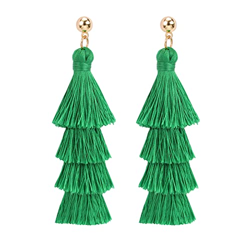 BaubleStar Bohemian Layered Tassel Drop Earrings for Women | Lightweight Statement Party Festival Jewelry - color: Forest Green