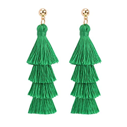 BaubleStar Bohemian Layered Tassel Drop Earrings for Women | Lightweight Statement Party Festival Jewelry - color: Forest Green