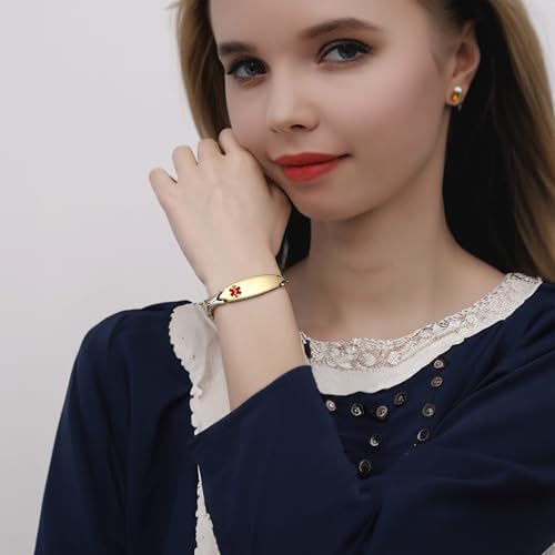 LinnaLove Fashion Shiny medical alert bracelet with Free Engraving Stainless steel Medical id bracelet for Women - color: Front-Gold