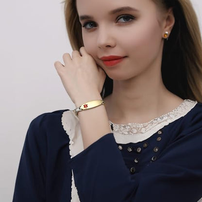 LinnaLove Fashion Shiny medical alert bracelet with Free Engraving Stainless steel Medical id bracelet for Women - color: Front-Gold