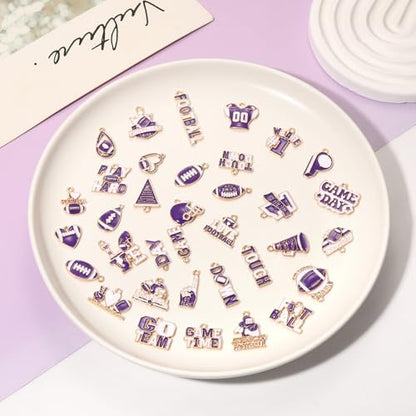 40PCS Game Day Charms for Bracelet Making Enamel Football Charms for Bracelet Necklace Earrings Jewelry Making DIY Football Mom Accessories Gifts - color: Purple White