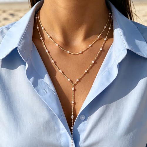Luxval Lariat Silver Necklace for Women, Dainty Long Necklace Silver Y-Shaped Pendant Necklaces Trendy Beaded Chain Drop Necklaces Jewelry for Women Gifts - color: Gold-Y Pearl Necklace
