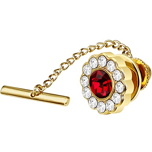 AMITER Crystal/Pearl Tie Tack with Chain, Gold Mens Tie Pin Necktie Pins Lapel Pin for Wedding Birthday Anniversary Party - color: 24k Gold+Red Crystal