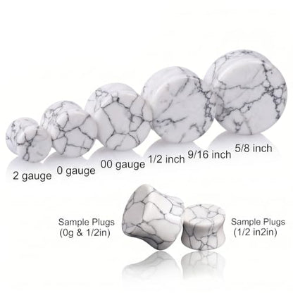 Pair of Solid White Howlite Semi Precious Stone Double Flare Ear Plugs E629 - size: 11/16 Inch (18mm)