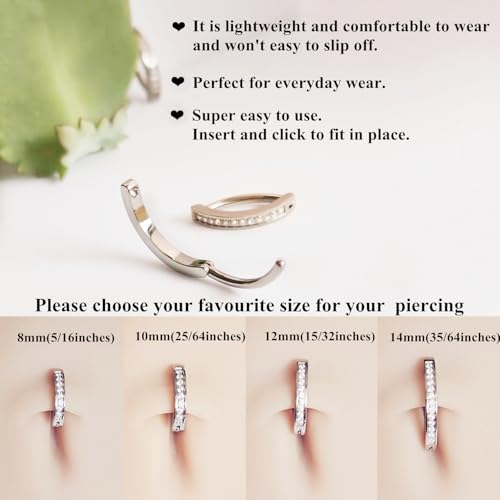 ORANGELOVE G23 Titanium 14G Belly Button Rings for Women Hinged Hoop Clicker Belly Ring Reverse Curved Navel Ring Floating Navel Barbell Piercing Jewelry 14 Gauge 8mm 10mm 12mm 14mm - color: CZ Silver