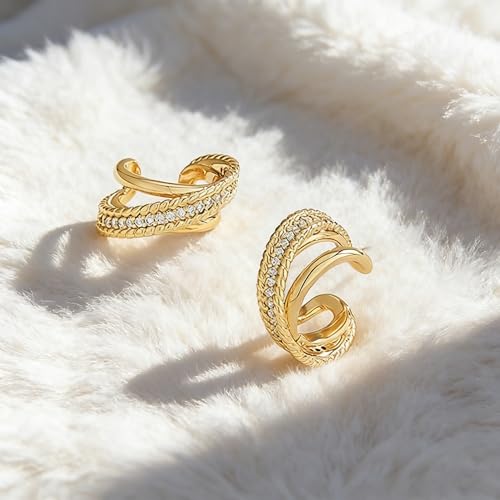 Bemoly Ear Cuff Earrings for Women 14K Gold Plated Cubic Zirconia Dangle Huggie Ear Cuffs Non Piercing | Clip On Cartilage - style: Rope Split Trio