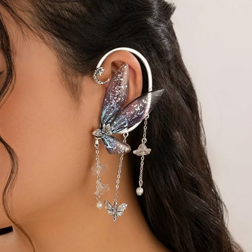 Ear Cuffs for Women, Hook without Pierced Ear Bone Clip Climber Earrings, Butterfly Shaped Ear Clip Wrap Around Earring No Piercing Cuff Earrings for Women - color: Blue