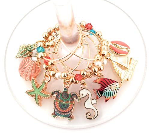Pixie Beach & Nautical Wine Charms, 8 Piece Set – Seashell, Starfish & Sea Turtle Glass Tag Identifiers, Summer Party Favors & Host Gift