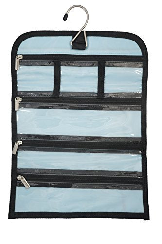 8" x 11" Hanging Travel Jewelry & Accessories Organizer Roll Bag (Black & White Paisley Print Exterior & Blue Interior)