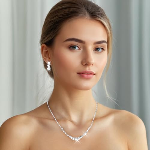 Gjinxi Silver Jewelry Set for Women, Rhinestone Necklace Bracelet Dangle Earrings Set, Crystal Bridal Wedding Party Jewelry Sets for Bride Bridesmaid Formal Costume