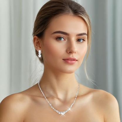 Gjinxi Silver Jewelry Set for Women, Rhinestone Necklace Bracelet Dangle Earrings Set, Crystal Bridal Wedding Party Jewelry Sets for Bride Bridesmaid Formal Costume