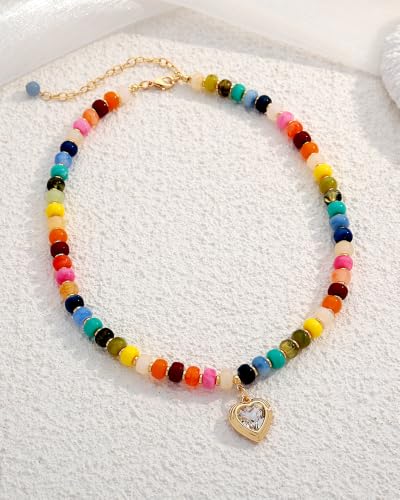 Boho Beaded Choker Necklaces for Women with A Gold Heart CZ - color: Colorful