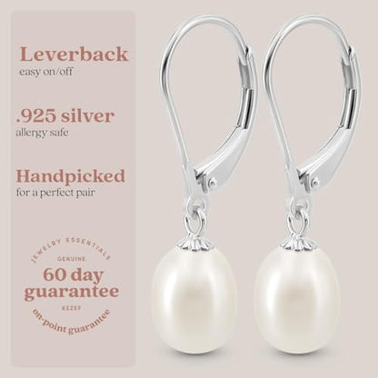 KEZEF Freshwater Cultured Pearl Drop Earrings, 14k White Gold Plated Sterling Silver, 7-8mm Dangle Earrings, Leverback, Hypoallergenic for Women, White Pearl Earrings - style: 14k White Gold