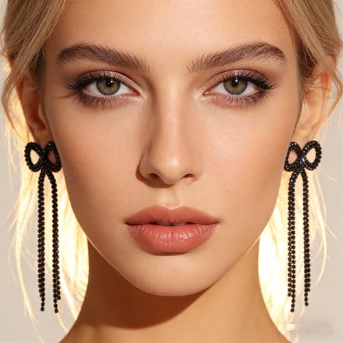 Rhinestone Earrings Dangling for Women Sparkly Silver Dangle Earrings Girls Long Chandelier Earrings Tassel Lightweight Ear Studs Cubic Zirconia (KE001S-W) - color: Bow 516286BK Coating Black