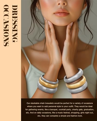 Gold Bangle Bracelets for Women Chunky Stretch Bracelet Set Stackable Bangles 14K Gold Plated Stainless Steel 10mm 16mm 20mm