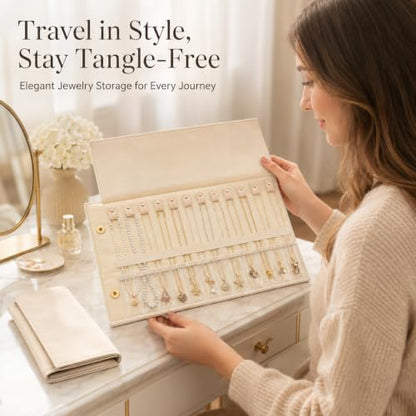 Travel Necklace Organizer Roll Up Jewelry Case, 12 Slots, Beige | Foldable travel jewelry organizer keeps necklaces, chains and bracelets separated in 12 slots to reduce tangles on the go.
